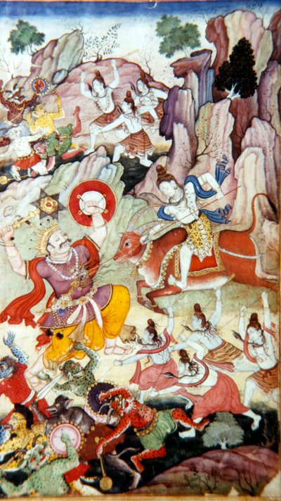 سيفا يدمر الشيطان وهاكا ، مخطوطة هريفامسا ، مدرسة موغال ، ج 1590 بواسطة غير معروف