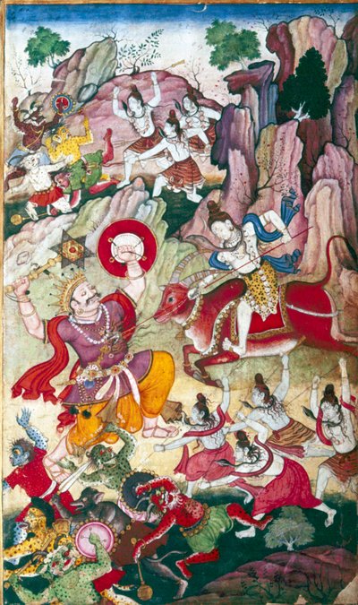 سيفا يدمر شيطان أنداكا ، مخطوطة هريفامسا ، مغول ، ج 1590. بواسطة غير معروف