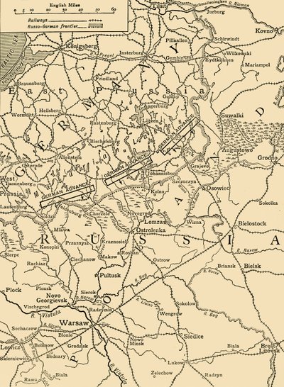 خريطة مبدئية لتوضيح الهجوم الألماني شمال وارسو في فبراير 1915 م 1920. بواسطة غير معروف