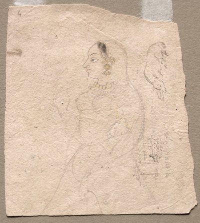 رسم تخطيطي لامرأة مع فيل وحيوانات أخرى في الخلف ، 1700. بواسطة غير معروف