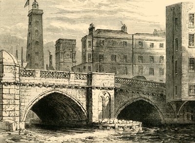 الطرف الجنوبي من جسر لندن القديم ، مع برج شوت وكنيسة سانت أولافيس ، في عام 1820 ، c1878. بواسطة غير معروف