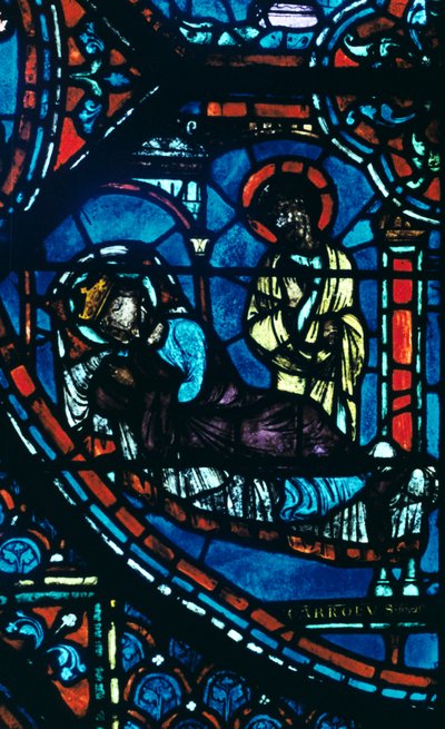 يبدو سانت جيمس لشارلمان في حلم ، زجاج ملون ، كاتدرائية شارتر ، فرنسا ، c1225 بواسطة غير معروف