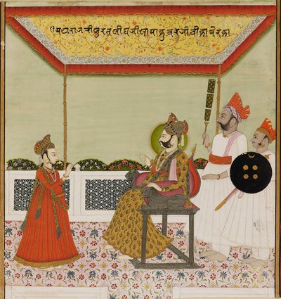سورات سينغ يجلس على عرش مسلح بالأسد ويستقبل ابنه الصغير عام 1800 بواسطة غير معروف