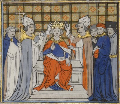 مسح وتتويج لويس الرابع في لاون ، 19 يونيو 936. من Grandes Chroniques de France ، 15 بواسطة غير معروف