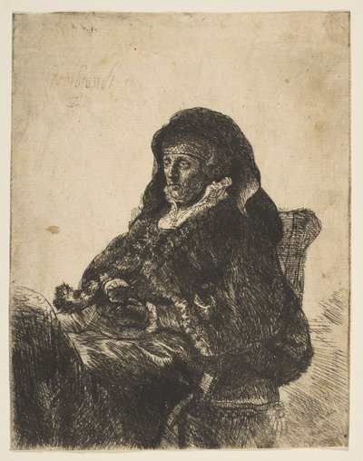أم الفنانات جالسة على طاولة ، وتبدو إلى اليسار: طول الربع الثالث ، بعد عام 1631. بواسطة غير معروف