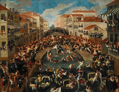 The Battaglia dei Pugni على جسر سان بارنابا ، البندقية ، القرن الثامن عشر. بواسطة غير معروف