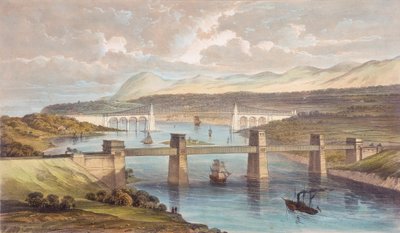 ال جسر بريتانيا الأنبوبي ، مضيق ميناي ، ويلز ، c1850 بواسطة غير معروف