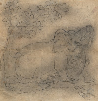ملك الفيل يصارع تمساحًا: رسم توضيحي من سلسلة Gajendramoksha ، أواخر القرن التاسع عشر. بواسطة غير معروف