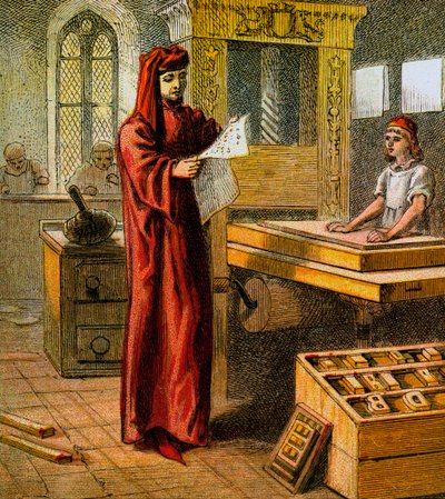 الطابعة الإنجليزية الأولى ، القرن الخامس عشر ، c1850 بواسطة غير معروف