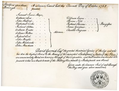حرية ستراتفورد أبون آفون ، المقدمة إلى ديفيد جاريك ، 1768 ، 1840 بواسطة غير معروف
