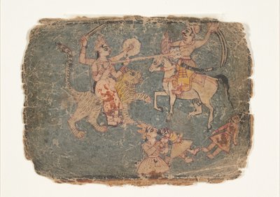 الآلهة دورجا تقتل عدوًا ، صفحة من ماركاندييا بورانا المشتتة ... ، 1650-60. بواسطة غير معروف
