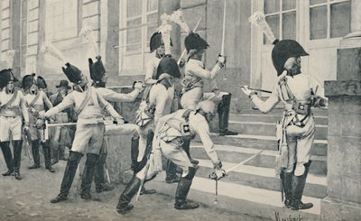 الحارس النبيل البروسي يشحذ سيوفه على خطوات السفارة الفرنسية في برلين ، 1896 بواسطة غير معروف