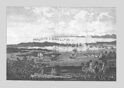 مدينة وميناء بورتسموث مع إطلالة على أسطوله الملكي في Spithead ، القرن الثامن عشر. بواسطة غير معروف