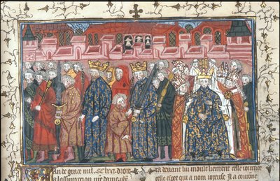 تتويج فيليب الثاني أوغست بحضور هنري الثاني ملك إنجلترا من Chroniques de France ou de St Denis بعد عام 1380 بواسطة غير معروف