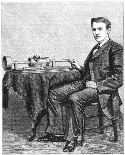 توماس ألفا إديسون ، المخترع الأمريكي ، مع نموذج مبكر مدفوع باليد لفونوغرافه ، 1878 بواسطة غير معروف
