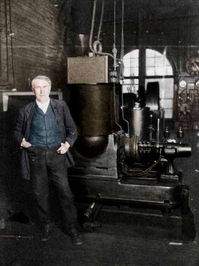 توماس ألفا إديسون ، المخترع الأمريكي ، مع دينامو الأول لإنتاج الضوء الكهربائي ، 1880 بواسطة غير معروف