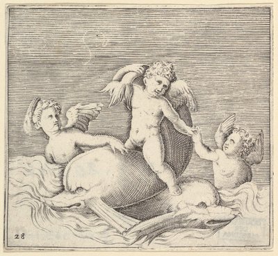 ثلاثة كيوبيد واثنان من الدلافين ، نُشرت في كاليفورنيا. 1599-1622. بواسطة غير معروف
