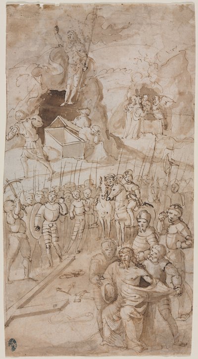 ثلاثة مشاهد من آلام المسيح المستطيل رسم تخطيطي معماري ، 1500s. بواسطة غير معروف