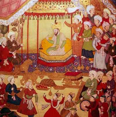 توج تيمور خلال الاحتفالات ، مخطوطة موغال ، 1600-1601 بواسطة غير معروف