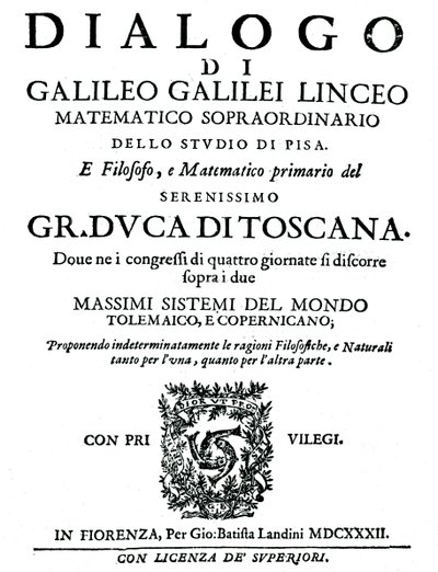 صفحة عنوان Dialogo ، بواسطة جاليليو ، 1632 بواسطة غير معروف