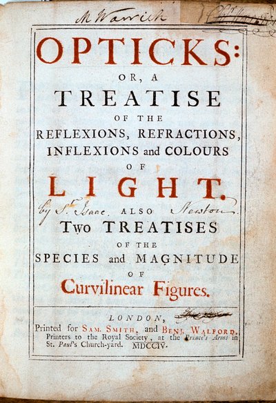 صفحة عنوان البصريات من قبل عالم اللغة الإنجليزية وعالم الرياضيات إسحاق نيوتن ، 1794 بواسطة غير معروف