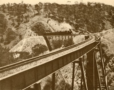 قطار يمر فوق الجسر ، نطاق جبل لوفتي ، جنوب أستراليا ، 1930. بواسطة غير معروف
