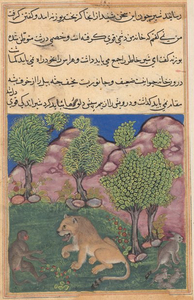 حكايات توتي-ناما عن ببغاء: حكاية الثامن والعشرون: القرد ينصح الأسد المشبوه ... ، ج. 1560. بواسطة غير معروف