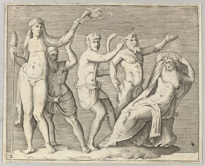شخصان ، Faun و Satyr يقتربان من كرسي Recliniing Woman ، تم نشره في كاليفورنيا. 1599-1622. بواسطة غير معروف