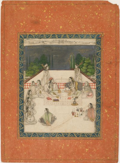جلست امرأتان على شرفة محاطة بالحاضرين والموسيقيين ، كاليفورنيا. 1650. بواسطة غير معروف