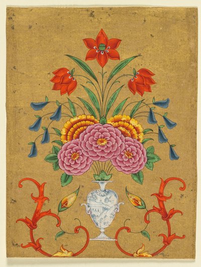 مزهرية مع تنسيق الورد وعمل التمرير ، ج. 1750-1800. بواسطة غير معروف