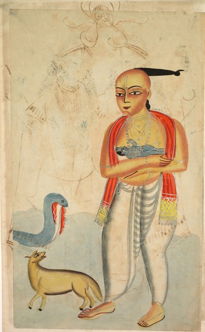 Vasudeva Krishnas الأب يفر مع Krishna يصادف كوبرا وابن آوى ، 1800s. بواسطة غير معروف