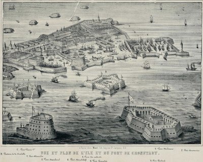 منظر ومخطط الجزيرة وميناء كرونشتادت ، ج. 1850 بواسطة غير معروف