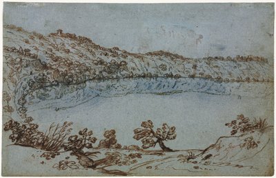 منظر لبحيرة Nemi recto مجموعة صغيرة من الآثار الرومانية بالعكس ، ج. 1650. بواسطة غير معروف