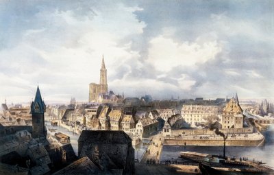منظر ستراسبورغ (فرنسا) من برج سانت غيوم. طباعة حجرية بالألوان. بواسطة غير معروف