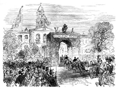 زيارة الملكة والأمير ألبرت إلى قاعة الكتان ، بلفاست ، c1850s ، c1888 بواسطة غير معروف