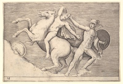 المحارب سحب متسابق من حصانه ، من Ex Antiquis Camorum et Ge ... ، نشر كاليفورنيا. 1599-1622. بواسطة غير معروف