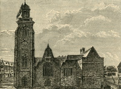 منظر غربي للكنيسة القديمة للقديس مارتينز إن ذا فيلدز ، تم هدمه عام 1721 ، 1881. بواسطة غير معروف