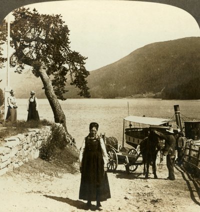 عندما يتصل باخرة البحيرة في رصيف Tinoset - منظر عبر Tinsjo إلى التلال ، Norwway ، c1905. بواسطة غير معروف