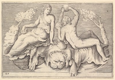 امرأة ورجل جالسان على Lionskin ، رجل يسكب النبيذ ، نُشر في كاليفورنيا 1599-1622. بواسطة غير معروف