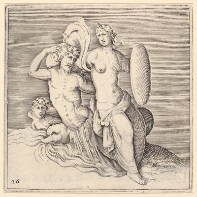 امرأة مع درع جالس على Seamonster ، نشرت كاليفورنيا. 1599-1622. بواسطة غير معروف
