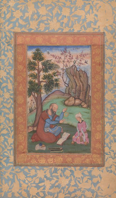 الأمير الشاب والموجه يجلسان في المناظر الطبيعية ، كاليفورنيا. 1600. بواسطة غير معروف