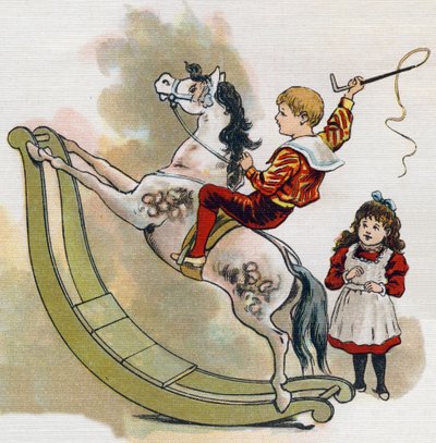 صبي صغير على حصان هزاز بالسوط. نقش في "ABC L'alphabet des bebes". حجم غير قابل للكسر على القماش في الطباعة الحجرية الملونة. A. Capendu ، محرر ، باريس. أوائل القرن العشرين ، حوالي عام 1905. صور من أصل إنجليزي مصحوبة بكلمات باللغة الفرنسية بواسطة غير معروف