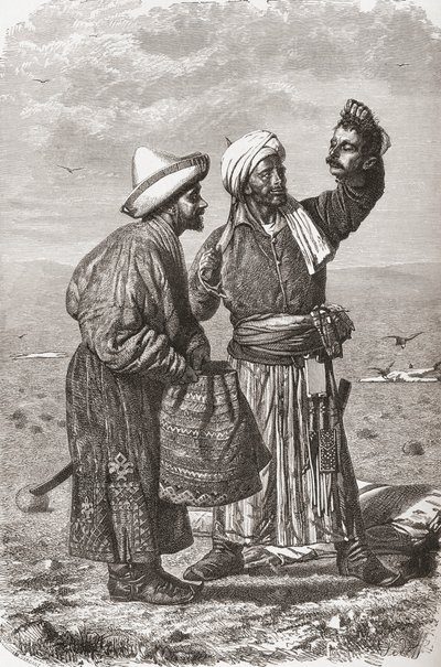 جندي أفغاني يمسك برأس عدو المقطوع ، صورة من "العالم في الأيادي" ، منقوش بواسطة Gauchard و Charles Barbant (ت 1922) ، نشر عام 1878 بواسطة غير معروف غير معروف