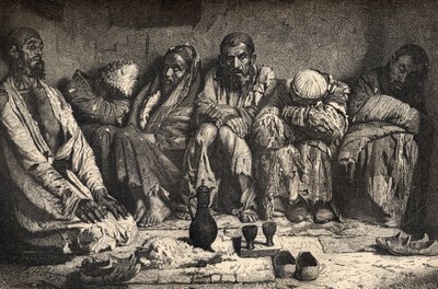 وكر أفيون في آسيا الوسطى ، رسم توضيحي من "العالم في الأيادي" ، نقشه تشارلز لابلانت (ت 1903) ، نُشر عام 1878 بواسطة غير معروف غير معروف