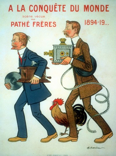 ملصق 1898 بواسطة Adrien Barrere للأخوين Charles Pathe (1863-1957) و Emile Pathe (1860-1937) المهندسين الفرنسيين ومنتجي السينما ، هنا مع Cock (رمزهم) وجهاز عرض وفونوغراف بواسطة غير معروف