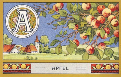 ج: التفاح - Alphabet Palmine. سلسلة من المطبوعات الحجرية الملونة تم تحريرها بواسطة H. Schlinck & Cie ، Hamburg ، p. د. . إعلان عن أفضل دهن جوز الهند في Palmin. الأبعاد: ٧ × ١١ سم بواسطة فنان غير معروف