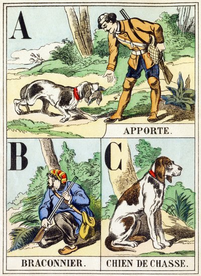 ABC: Apporte ، Braconnier ، Chien de chasse - أبجدية الصيد ، c1890 (نقش) بواسطة غير معروف
