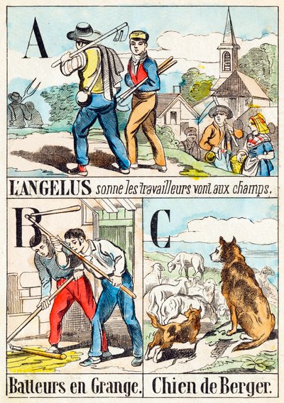 عندما يرن الملاك ، يذهب العمال إلى الحقول ؛ B الخفقان في الحظيرة ؛ C Sheepdog - "أبجدية المزرعة" نهاية القرن التاسع عشر (نقش) بواسطة غير معروف