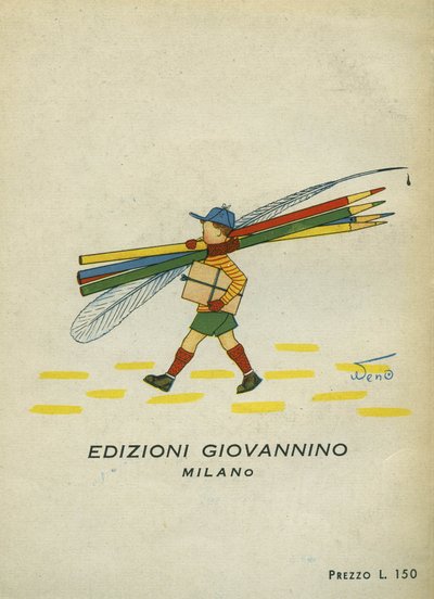 تلميذ يرتدي قلمًا وأقلام رصاص. ألبوم موسيقى للأطفال. Edizioni Giovannino، sd. بواسطة غير معروف