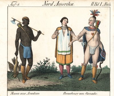 رجل من الأكاديين موشوم الجسم واثنين من الهنود الحمر من السكان الأصليين الكنديين. الطباعة الحجرية للكتاب: "غاليري كامل في اللوحات التوضيحية الكاملة لشعوب أمريكا وأستراليا" لفريدريش فيلهلم غودشي (1785-1863)، طبعة ميسن (ألمانيا) بواسطة فنان غير معروف